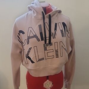 Calvin Klein Crop Blush Hoodie with Black Lettering
